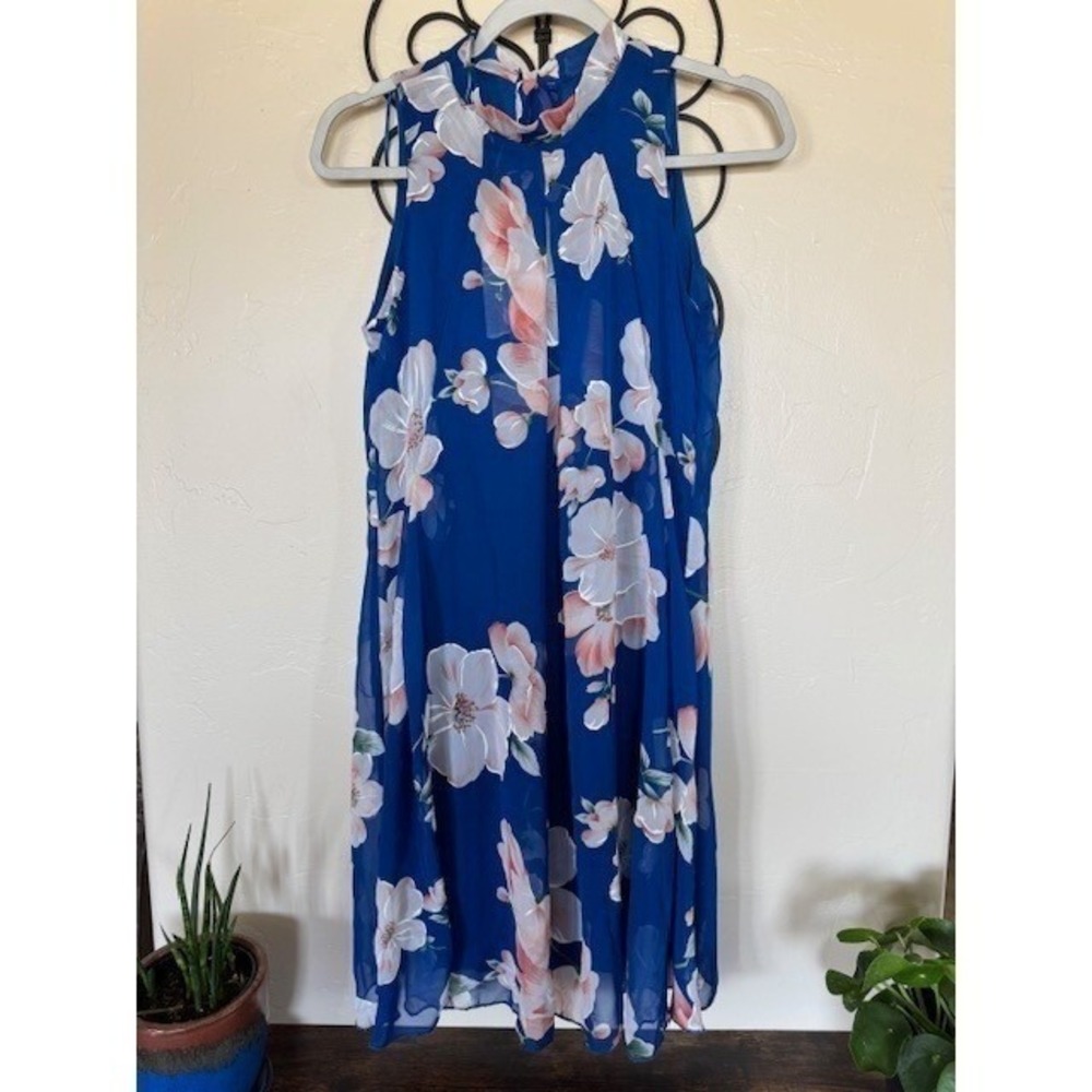NEW Robbie Bee navy blue with pink and white flowers silky halter midi dress 4P